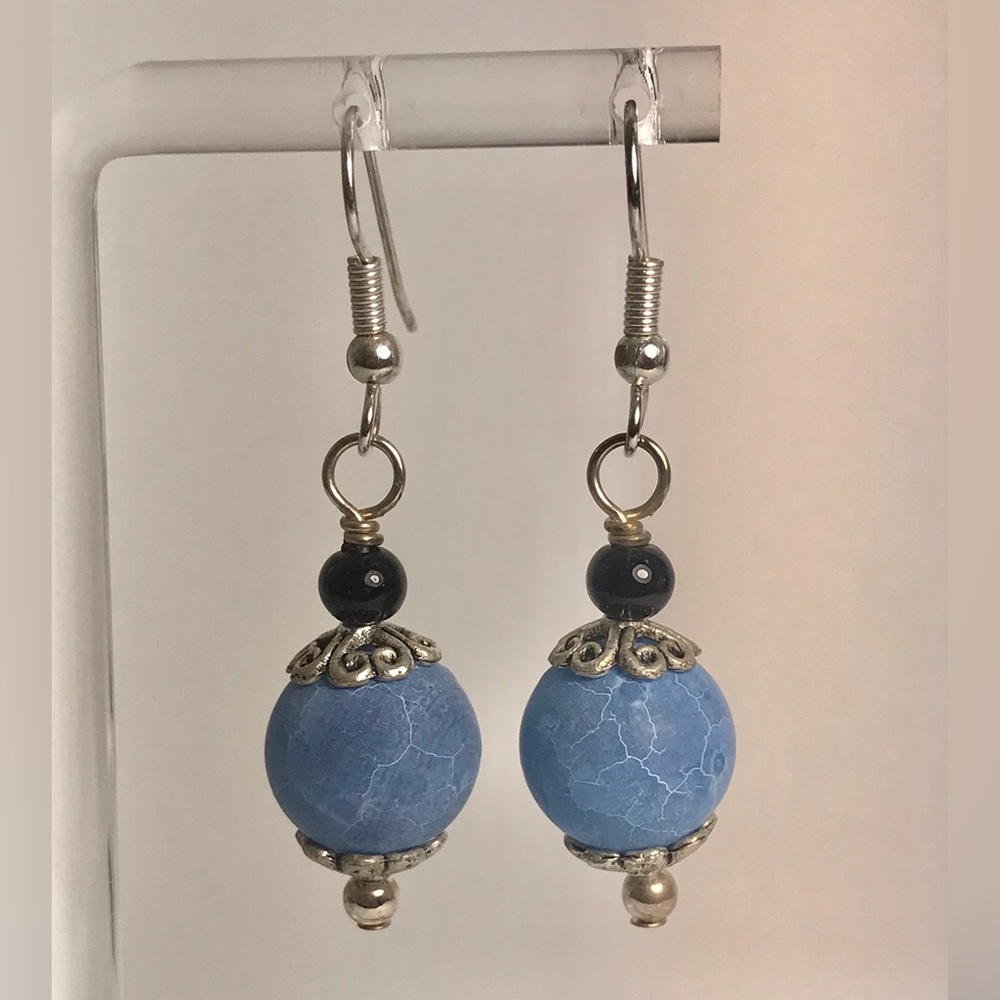 Handcrafted frosted blue agate black onyx and silver beaded earrings.